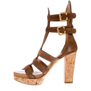 Chloé Suede Cork Platform Heels Size 40.5 Brown Gladiator Sandals Gold Buckles